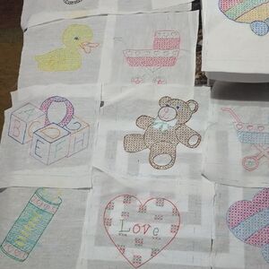 12 Completed Embroidered Quilt Squares for a Baby Blanket Approx. 8" X 8"